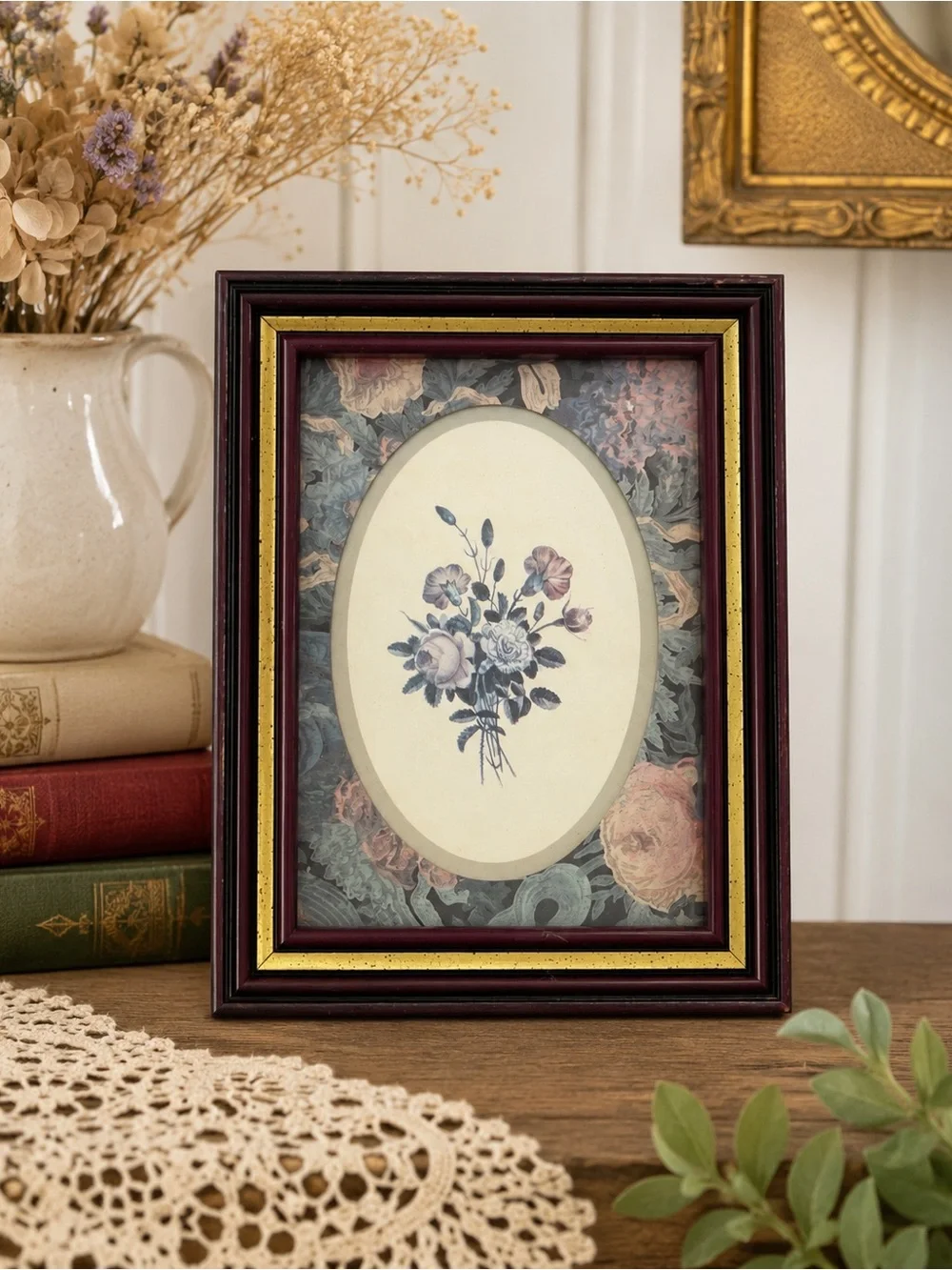 Vintage 5x7 Floral Framed Wall Art Burgundy Gold Cottagecore Botanical